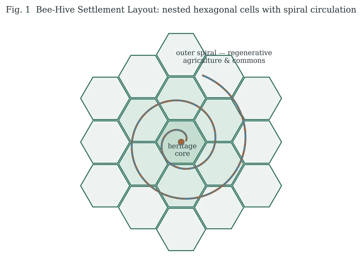 Honeycomb settlement layout with spiral circulation