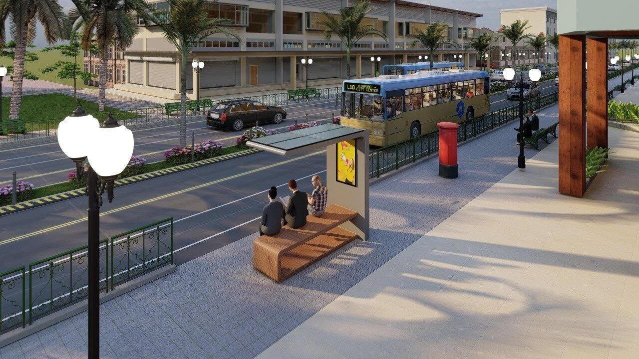 Smart Solar Bench installed at a city bus stop, with solar canopy and integrated digital display